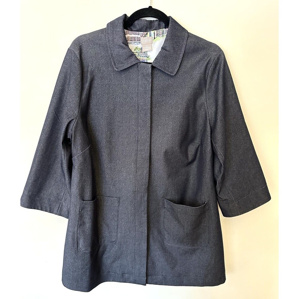Chicos Navy Blue Denim Coat Size 2 Women’s 12-14
